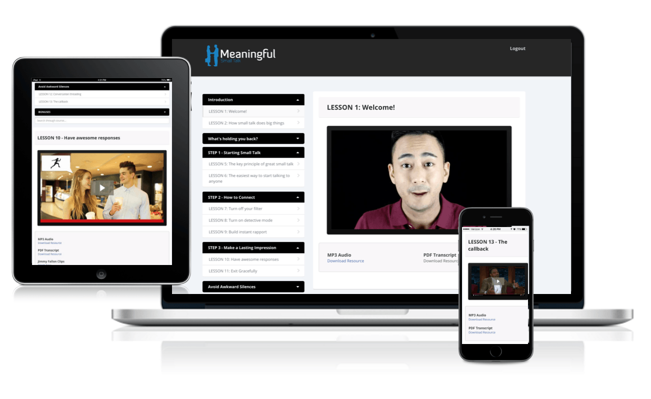 Meaningful Small Talk course on laptop, iPad and phone